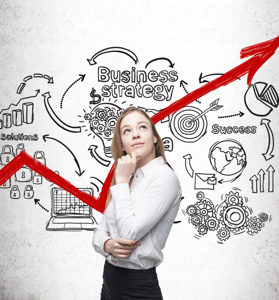 A businesswoman stands in front of illustrated business strategy, growth charts, targets, and gears with a rising red arrow, representing founder productivity and business growth.