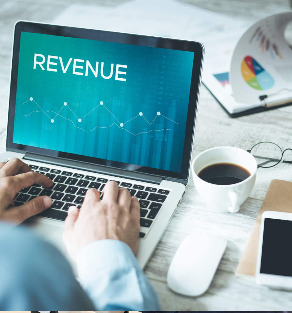 Revenue projections displayed on a laptop with financial charts and performance data used to track expected business growth.
